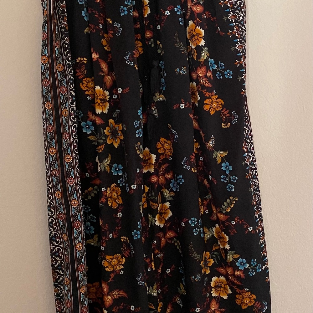 Zara Black Satin Floral Elastic Waist Pockets Cropped Wide Leg Pants Women’s S